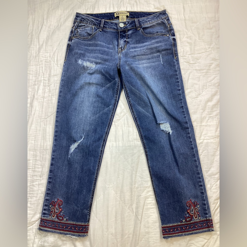 Democracy Medium Blue Distressed Cropped Jeans with Red Embroidered Hem